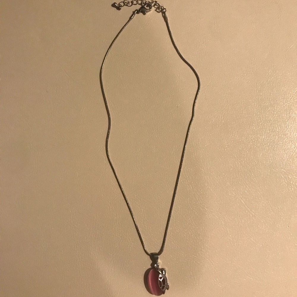 Pink stone with turtle, silver chain necklace